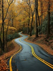 Fototapeta premium A surreal road twists like a roller coaster through a vibrant forest, under a canopy of autumn leaves. Generative AI.