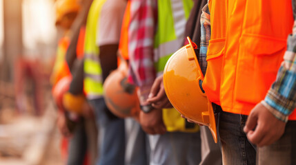 Close-up of a row of construction workers holding their yellow and orange safety helmets