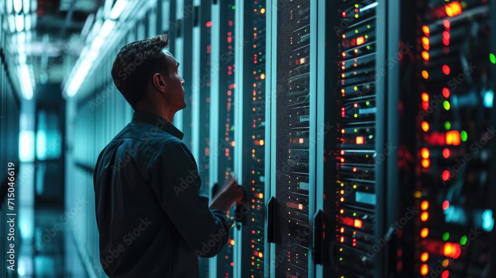 Poster man is standing in a data center with rows of server racks, holding a tablet and presumably managing