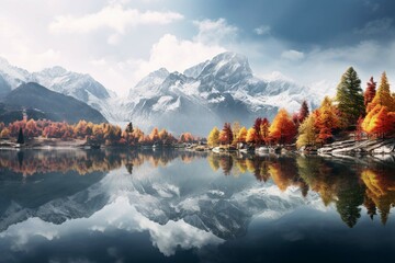 
Chinese autumn landscape with autumn trees and majestic mountains. Beautiful panorama of the autumn foliage in the lake with beautiful reflection