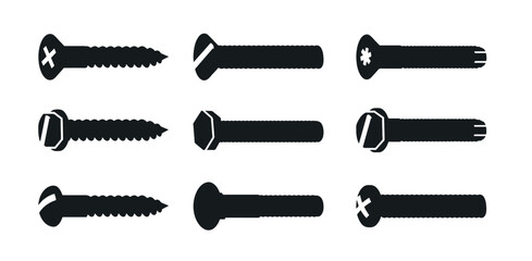 Bolts self-tapping screws and screws vector set - obrazy, fototapety, plakaty