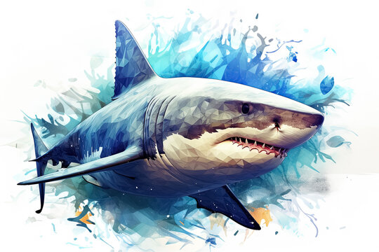 Watercolor painting of a great white shark. Generative Ai