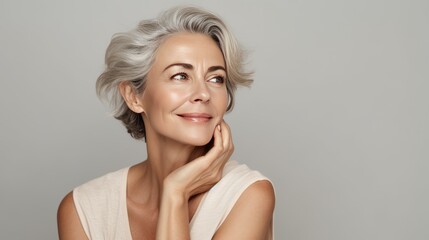 portrait of a beautiful woman 50 years old with natural makeup in a beige T-shirt on a neutral background. The concept of natural beauty and anti-age care