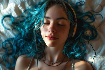 Fototapeta premium Close up of a woman with curly blue long hair lying on a sofa, or sleeping, listening to music, audio book or podcast, enjoying meditation for sleep and peaceful mind. Rest And Relax Concept