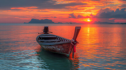 longtail boat at sunset