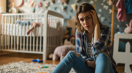Distressed young woman sitting on the floor with her head in her hands, with a crib and children's toys in the background, suggesting a sense of overwhelming stress or exhaustion related to childcare.