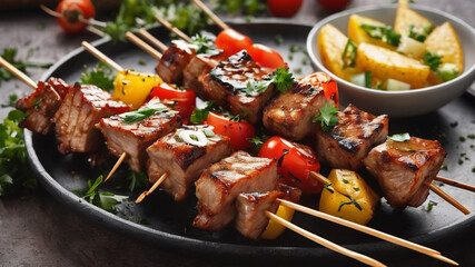 skewers with delicious meat on transparent background,  Grilled pork skewers