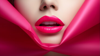 Fototapeta premium Vibrant Pink Lips Glimpsing Through Colored Paper
