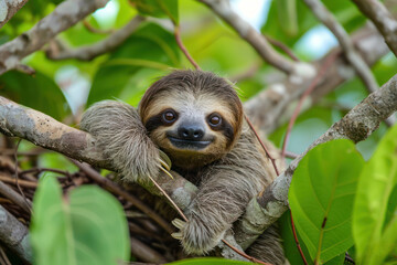 Fototapeta premium Baby Brown-throated Three-toed sloth in the mangrove, Caribbean, Costa Rica