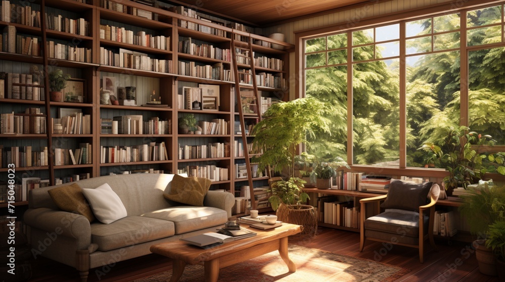 Poster inviting atmosphere: a cozy reading room with floor-to-ceiling bookshelves and comfortable seating -