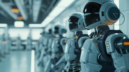 Advanced Humanoid Robots Lined up in Modern Lab. A row of advanced humanoid robots standing in a high-tech laboratory, showcasing the future of artificial intelligence and robotics.