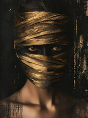 Blindfolded Fashion model tided her face by ropes and golden hair, Dark fantasy, Abstract session, Isolated model, Creative poster