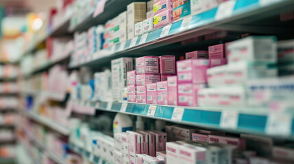 Shelf in a pharmacy stocked with various medication boxes, with a focus on the packaging in the foreground and a blurred background
