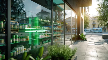 Tuinposter Pharmacy with a glowing neon cross sign in an urban setting, showcasing the pharmacy's exterior with shelves of products visible through the window. © MP Studio