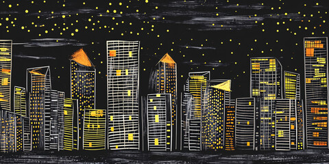 Abstract city skyline with golden dots pattern on a black background. Modern urban art for poster and creative design
