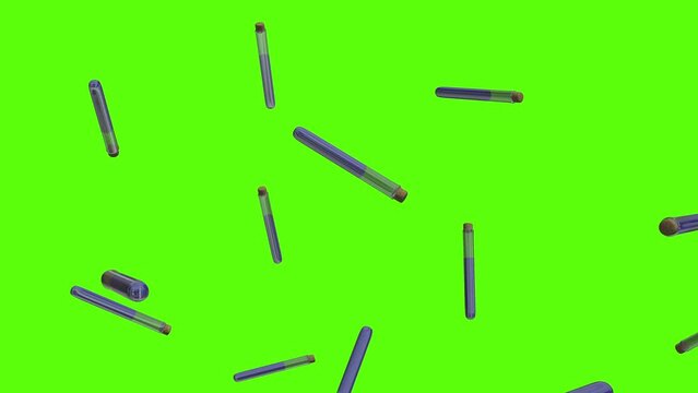 Test tubes background. Falling glass test tubes over green screen or chroma key. Rain of tes tubes across the screen.
