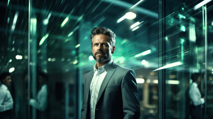 Businessman Contemplating in Glass Corridor