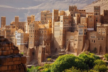 Fototapeta premium Historic Mud Brick High-Rise Village at Cliff Base 