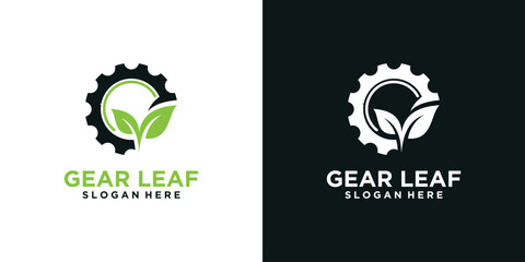 gear design template with green leaves. gear leaf logo with a simple concept