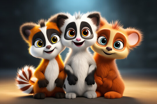 3D art illustration of cute lemurs, in pastel colors background, nature background. Animation cartoon charecter. Friendship concept.