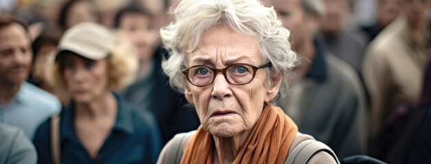 Elderly Woman's Concern in a Crowd - Powered by Adobe