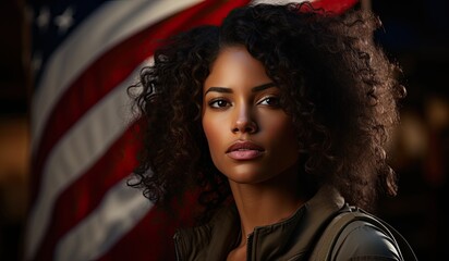 A serious and beautiful long-haired girl posing against the backdrop of the USA flag