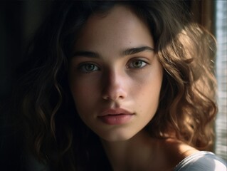 Naklejka premium Candid photo portrait of a young woman of natural beauty, portrait, close-up, soft natural volumetric cinematic ideal light, chiaroscuro