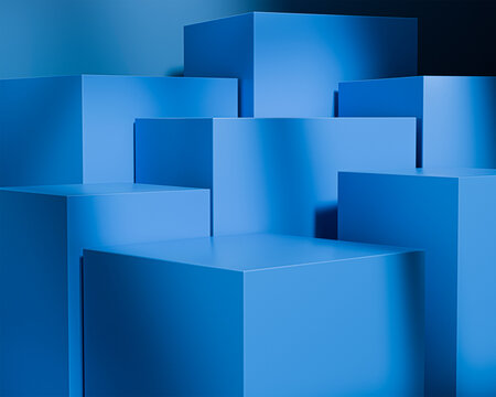 Abstract blue geometric podiums for minimal mockup product display. Minimal scene. Stage for showcase, Mockup product display.