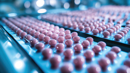 Industrial pharmaceutical production line with a series of purple capsules organized in rows on a...