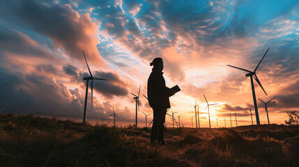Fototapeta premium Person is silhouetted against a sunset sky, reading a tablet with wind turbines in the background.