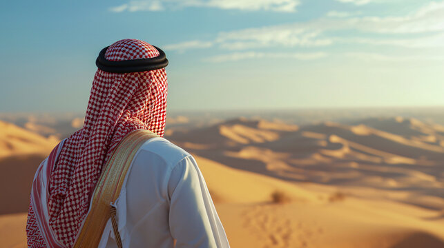 In traditional thwab attire, the Arab businessman gazes at the mesmerizing desert, finding inspiration for success in the vast, untamed landscapes of the Middle East