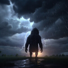 Monster in Magical glowing rain thunderstorm stormy