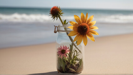 A Captivating Coneflower Flower Jar Amidst Beach Serenity AI GENERATED