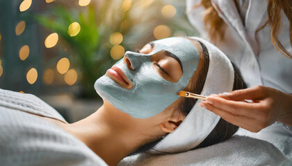 Caucasian woman undergoing a rejuvenating spa beauty treatment with a face peeling mask, embodying self-care and skincare bliss - obrazy, fototapety, plakaty