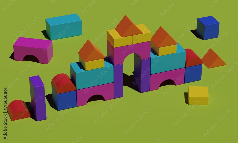 Poster multicolored constructor toy on a green background. 3d rendering