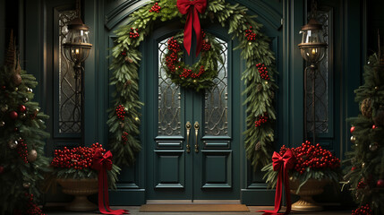 Fototapeta na wymiar Home Decorated with Christmas Sparkle. Welcoming Christmas Entryway