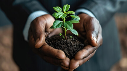 Pair of hands cradling a small green plant sprouting from a clump of soil, symbolizing growth, care, and environmental responsibility.