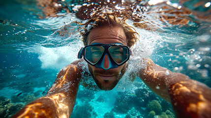 Naklejka premium A man Experience the thrill of surfing in the azure sea, where blue water meets the perfect waves. A coastal adventure awaits, offering surfers the ultimate blend of excitement and aquatic freedom