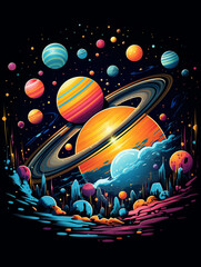 T-shirt design, Design featuring a playful, cartoonish space exploration scene with a rocket ship created with Generative Ai