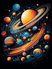 T-shirt design, Design featuring a playful, cartoonish space exploration scene with a rocket ship created with Generative Ai