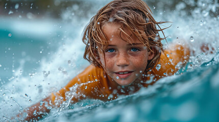 Obraz premium A Boy Experience the thrill of surfing in the azure sea, where blue water meets the perfect waves. A coastal adventure awaits, offering surfers the ultimate blend of excitement and aquatic freedom