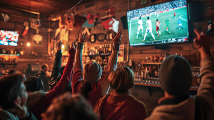 Vibrant sports bar atmosphere where patrons are energetically celebrating - Powered by Adobe