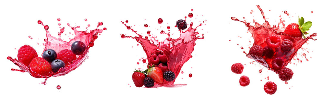 Set of berry with berry juice splash isolated on a transparent background