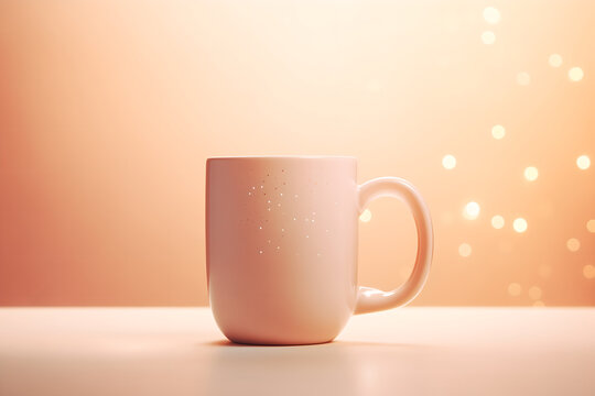 Pastel mug on a peachy background with sparkles. Banner with copy space for a website focused on home comfort products. Image for a minimalist tableware collection. Lifestyle concept.