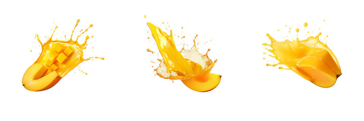 Set of mango slice with mango juice splash isolated on a transparent background - obrazy, fototapety, plakaty