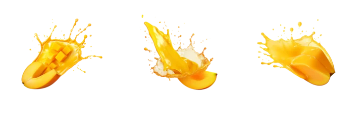 Plexiglas foto achterwand Set of mango slice with mango juice splash isolated on a transparent background © ANILCHANDRO