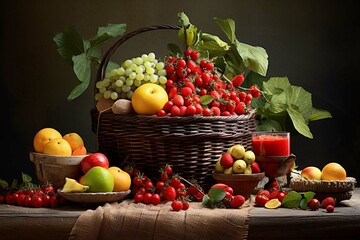 Create a playful still life with various fruits stacked, balanced, and scattered in a rustic basket, evoking a sense of abundance isolated on a white background