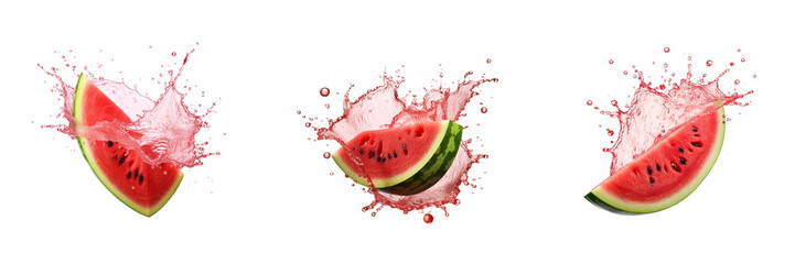 Set of watermelon slice with watermelon juice splash isolated on a transparent background