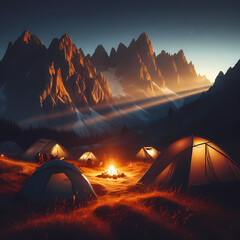 Fototapeta na wymiar the essence of a serene mountain camping experience with a visual narrative of tents nestled against the breathtaking backdrop of towering peaks, Generative Ai
