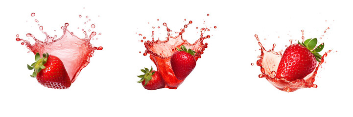 Set of strawberry with strawberry juice splash isolated on a transparent background